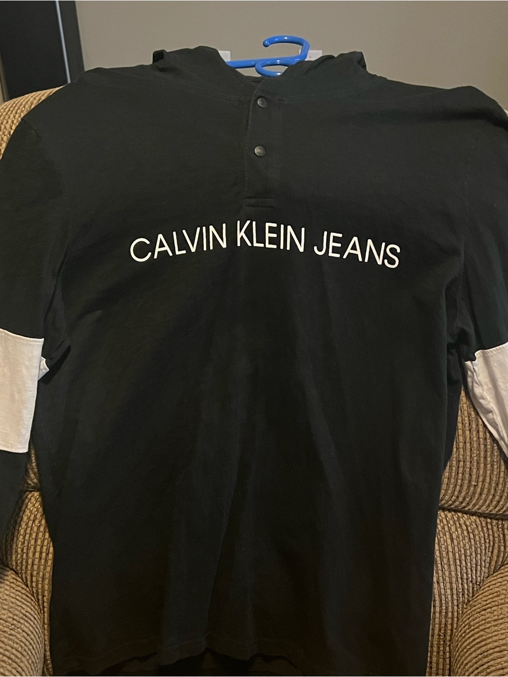 Calvin Klein Black Long-Sleeve Henley with White Sleeve Accents. Hoodie